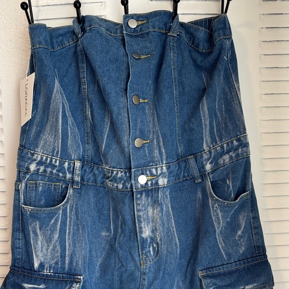Loragal Denim Cargo Jumpsuit Strapless Wide Leg Y2K Utility NWT - Picture 3 of 16